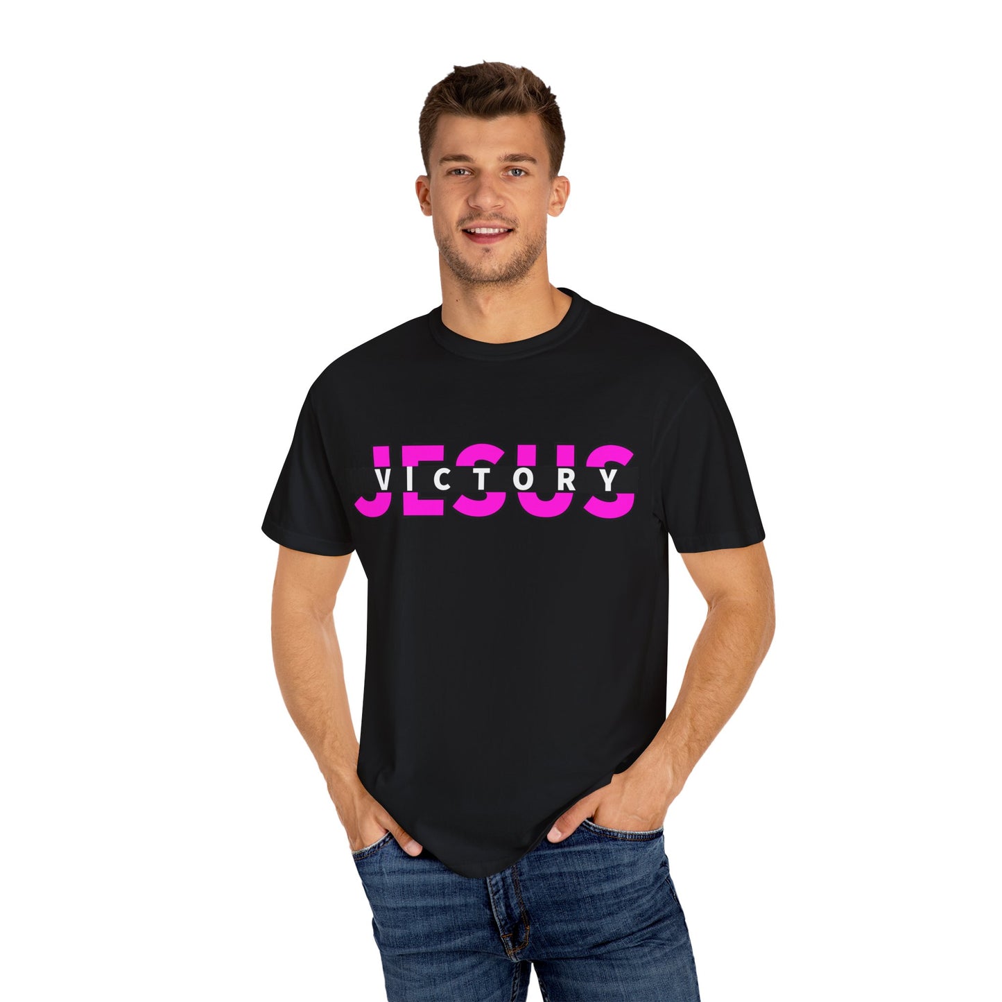 Black Neon Pink Victory in Jesus Unisex Garment-Dyed T-shirt