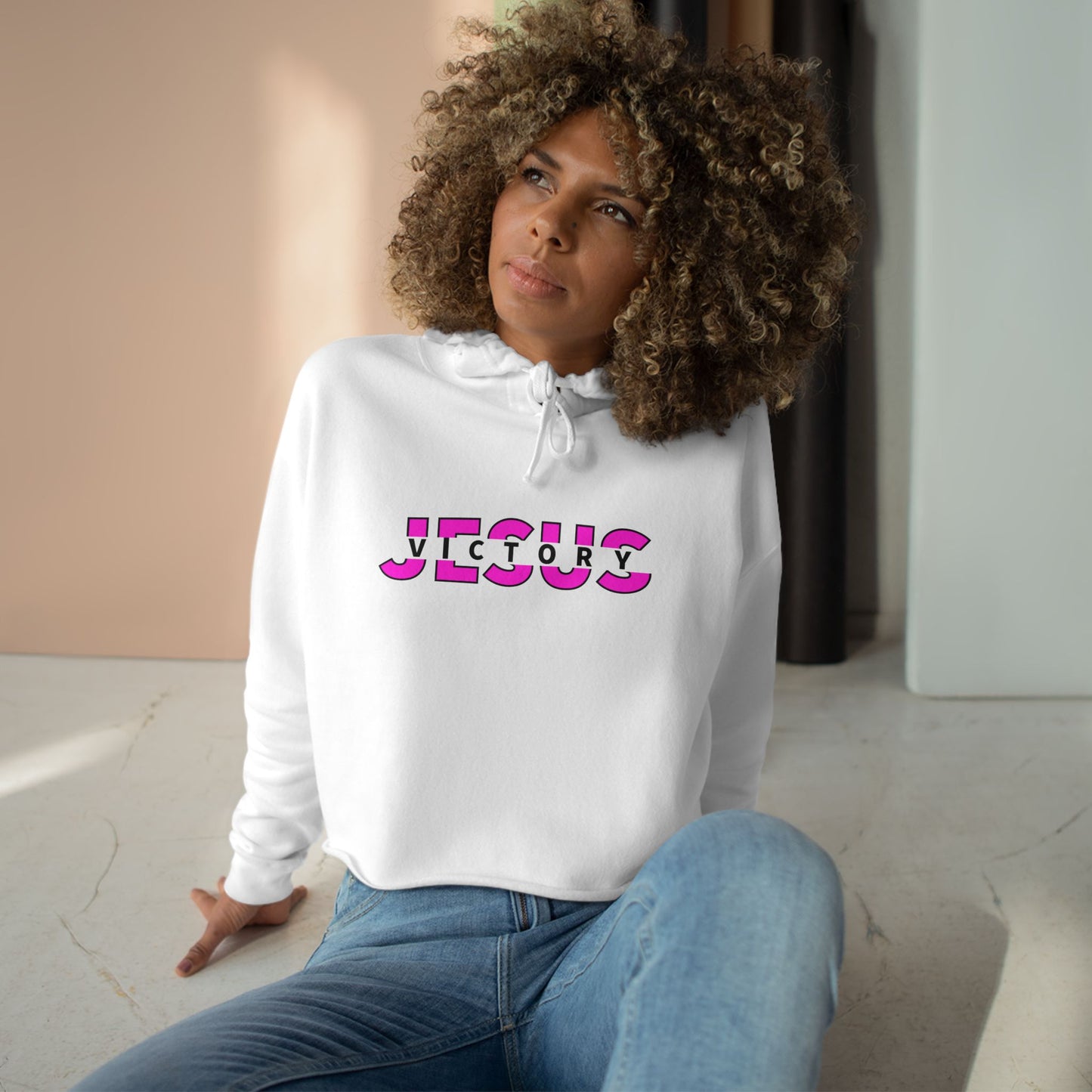 Neon Pink Victory in Jesus Crop Hoodie