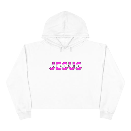 Neon Pink Victory in Jesus Crop Hoodie